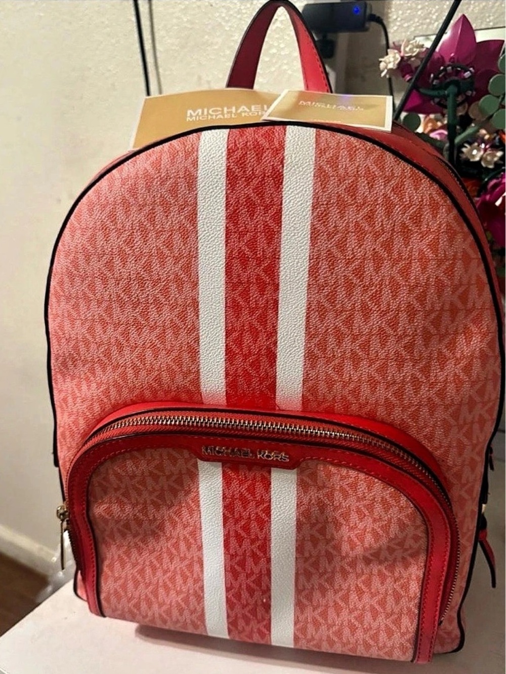 Michael Kors Erin Medium Backpack Red Stripe Logo Pink & Red